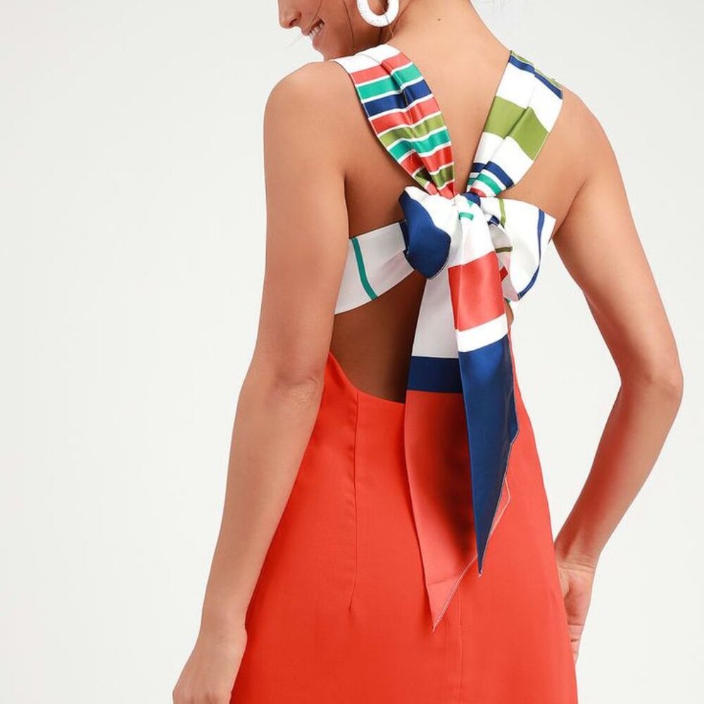 Joyful Red Orange Multi Stripe Tie-Back Mini Dress